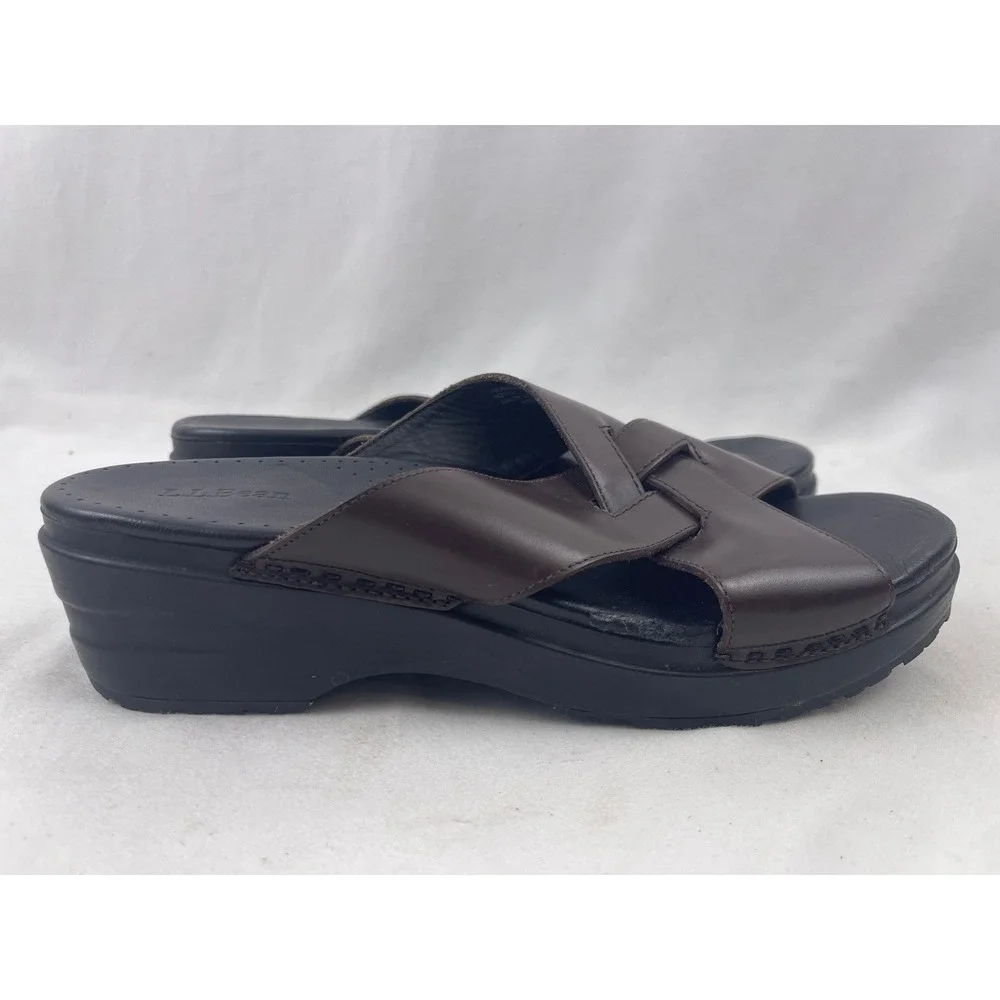 LL Bean Leather‎ Wedge Slide Sandals Womens 8.5 M Brown Cross Strap Comfort